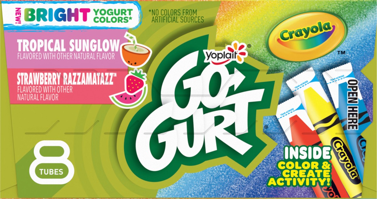 slide 11 of 14, Yoplait Go-Gurt Bright Yogurt, Fat Free, Tropical Sunglow, Strawberry Razzamatazz, 8 - 2 oz, 8 ct