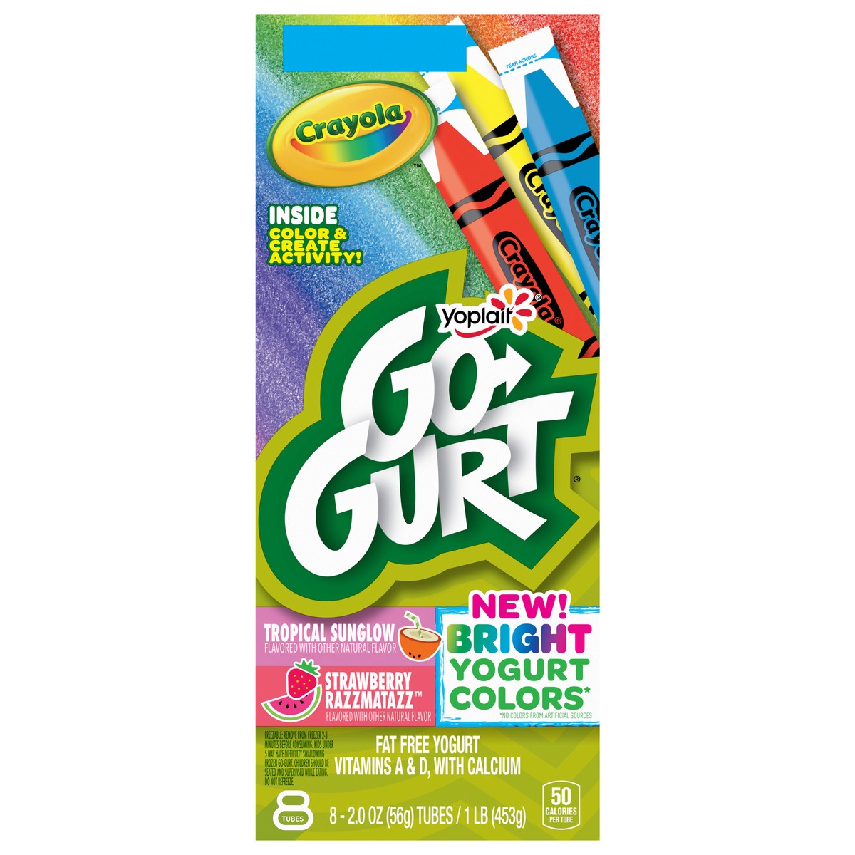 slide 1 of 14, Yoplait Go-Gurt Bright Yogurt, Fat Free, Tropical Sunglow, Strawberry Razzamatazz, 8 - 2 oz, 8 ct