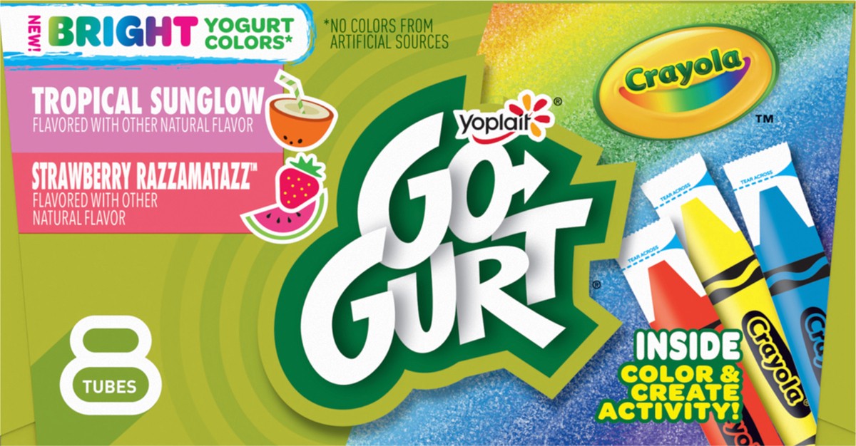 slide 3 of 14, Yoplait Go-Gurt Bright Yogurt, Fat Free, Tropical Sunglow, Strawberry Razzamatazz, 8 - 2 oz, 8 ct