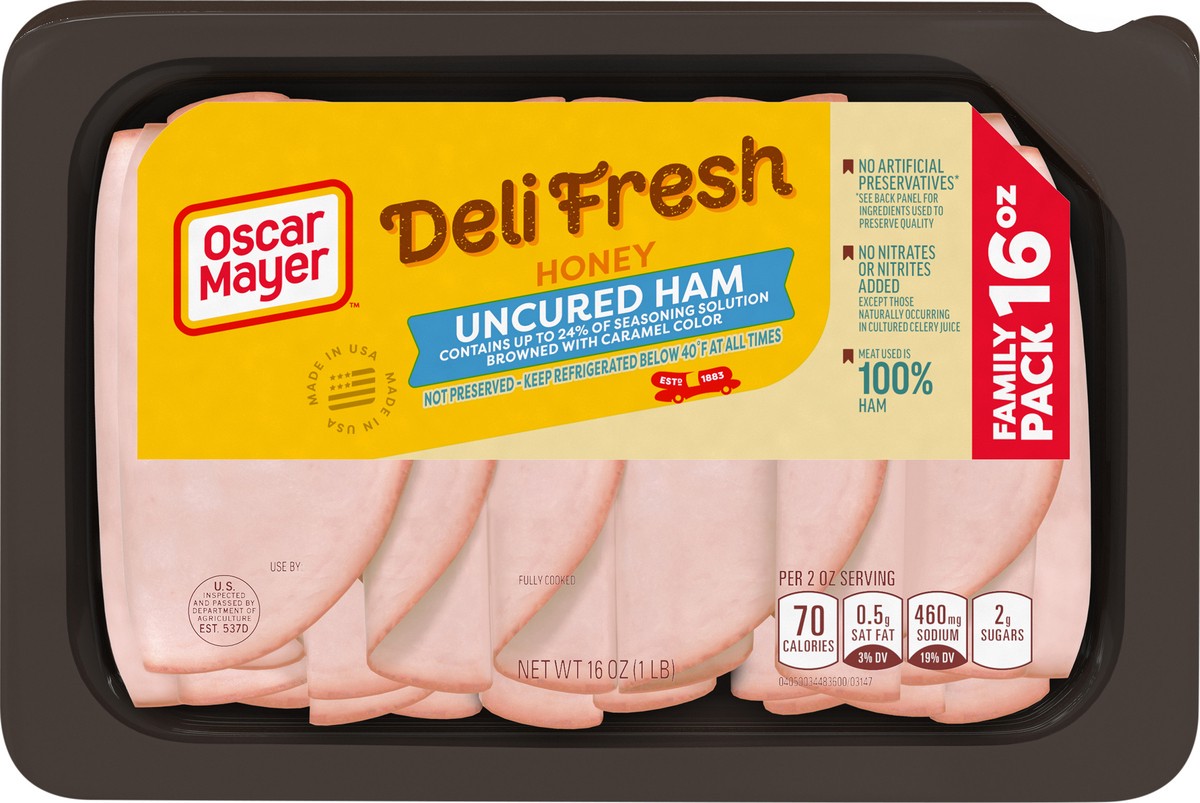 slide 8 of 9, Oscar Mayer Deli Fresh Honey Uncured Ham Sliced Lunch Meat Family Size - 16oz, 16 oz