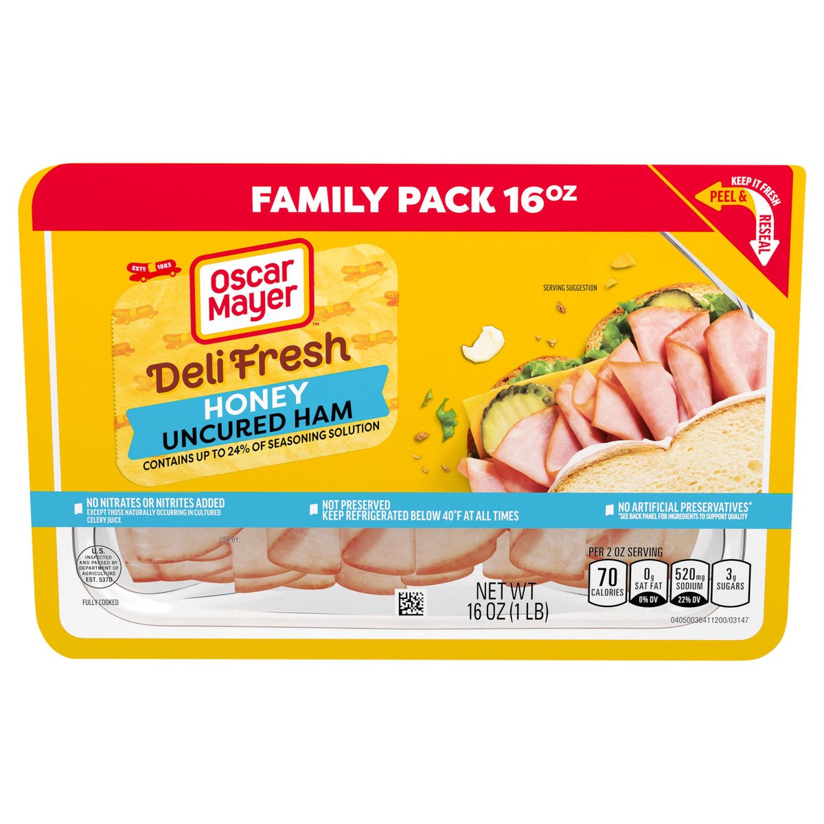 slide 1 of 9, Oscar Mayer Deli Fresh Honey Uncured Sliced Ham Deli Lunch Meat Family Size, 16 oz Package, 16 oz