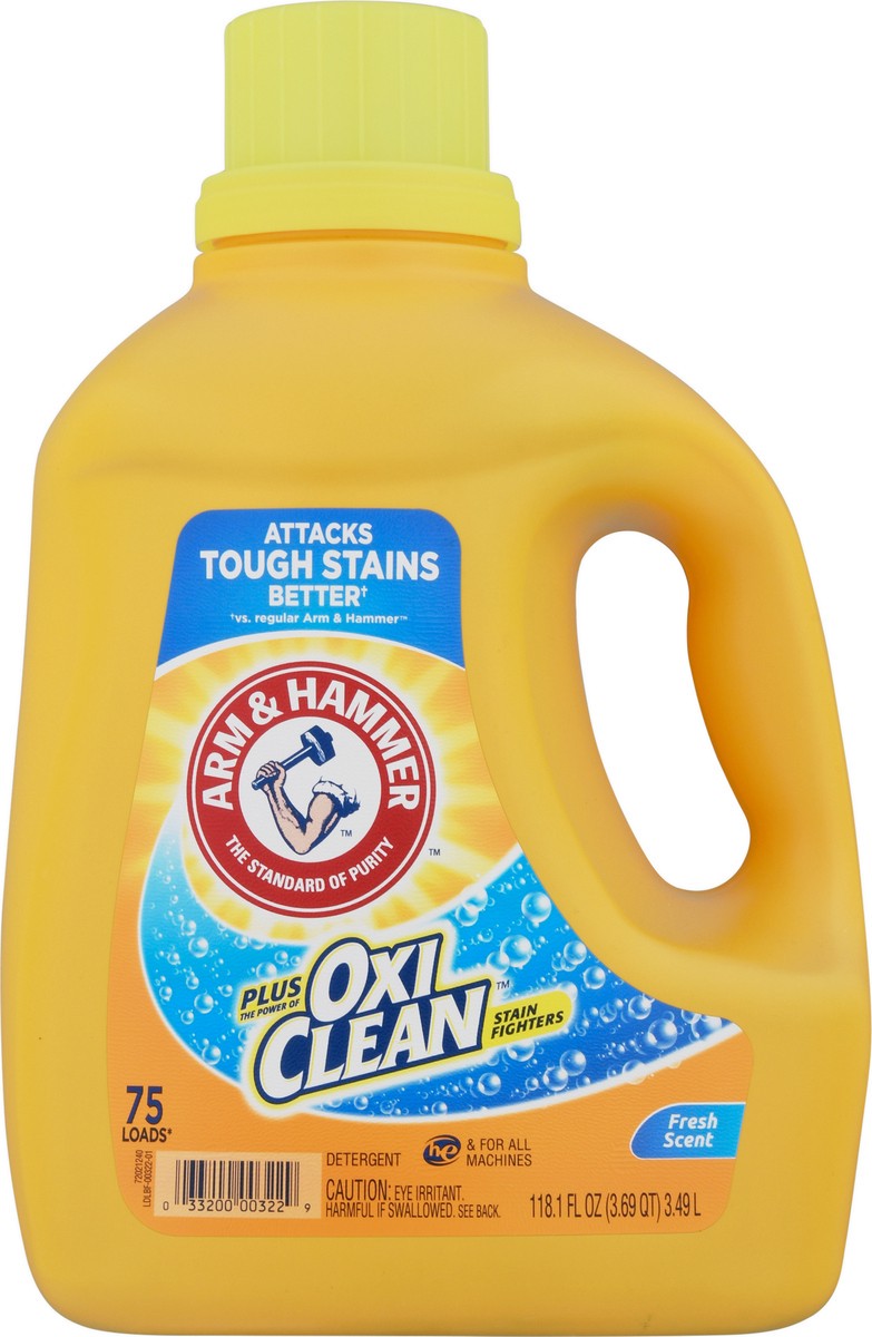 slide 11 of 11, ARM & HAMMER Plus OxiClean Fresh Scent, 75 Loads Liquid Laundry Detergent, 118.1 Fl oz, 122.5 oz