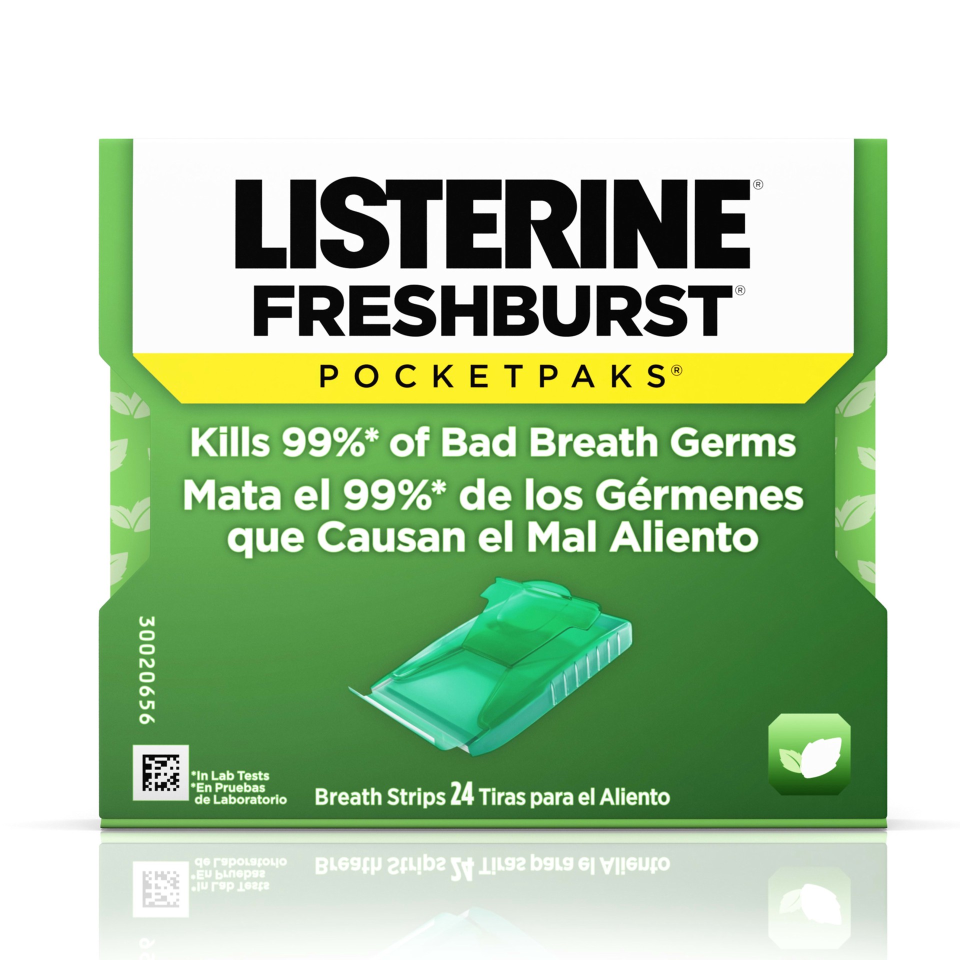 slide 5 of 5, Listerine Freshburst Pocketpaks Portable Breath Strips, Dissolving Breath Freshener Strips Kill 99% of Germs that Cause Bad Breath, Portable for On-the-Go, Minty Flavor, 12 x 24-strips, 24 ct