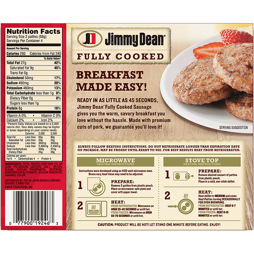 slide 4 of 8, Jimmy Dean Fully Cooked Original Pork Breakfast Sausage Patties, 8 Count, 272.15 g