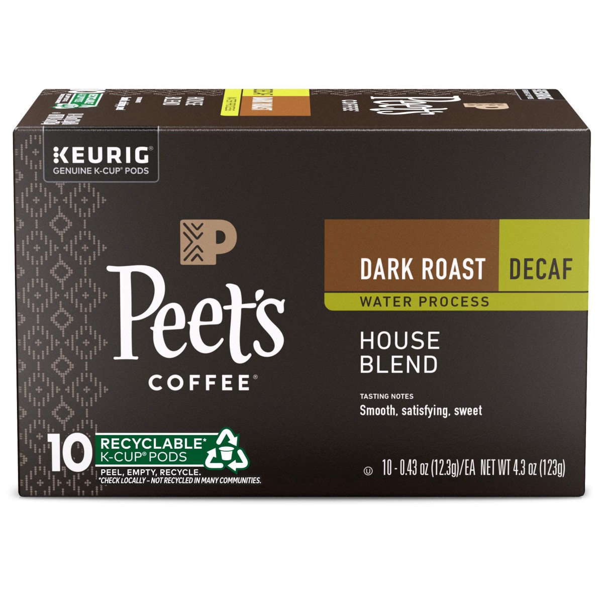 slide 1 of 9, Peet's Coffee, Decaffeinated House Dark Roast K-Cup Coffee Pods - 10ct Carton, 10 ct