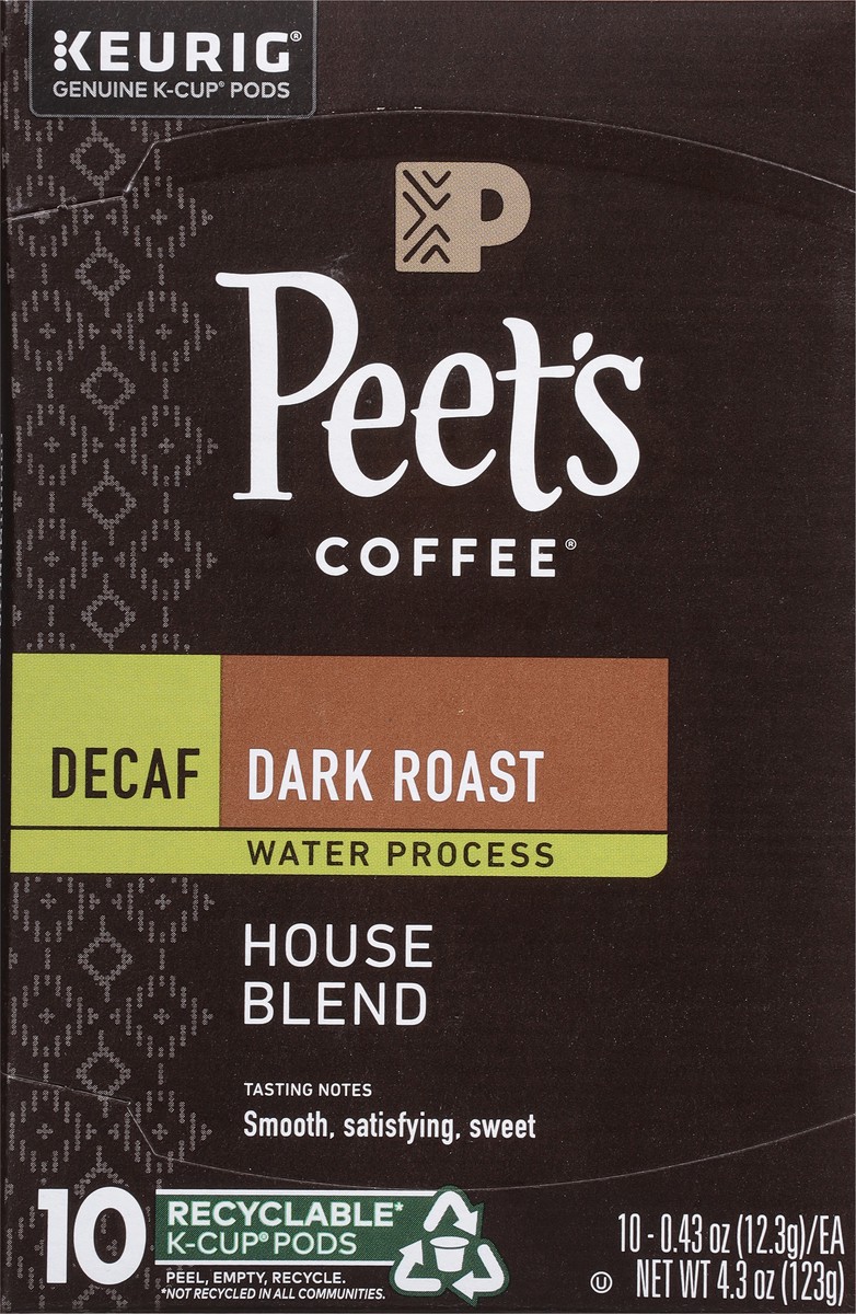 slide 6 of 9, Peet's Coffee, Decaffeinated House Dark Roast K-Cup Coffee Pods - 10ct Carton, 10 ct