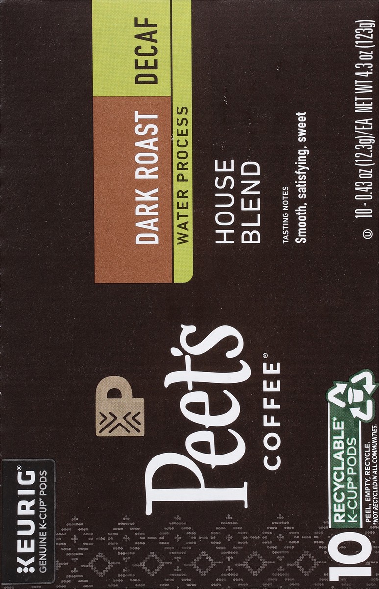 slide 9 of 9, Peet's Coffee, Decaffeinated House Dark Roast K-Cup Coffee Pods - 10ct Carton, 10 ct