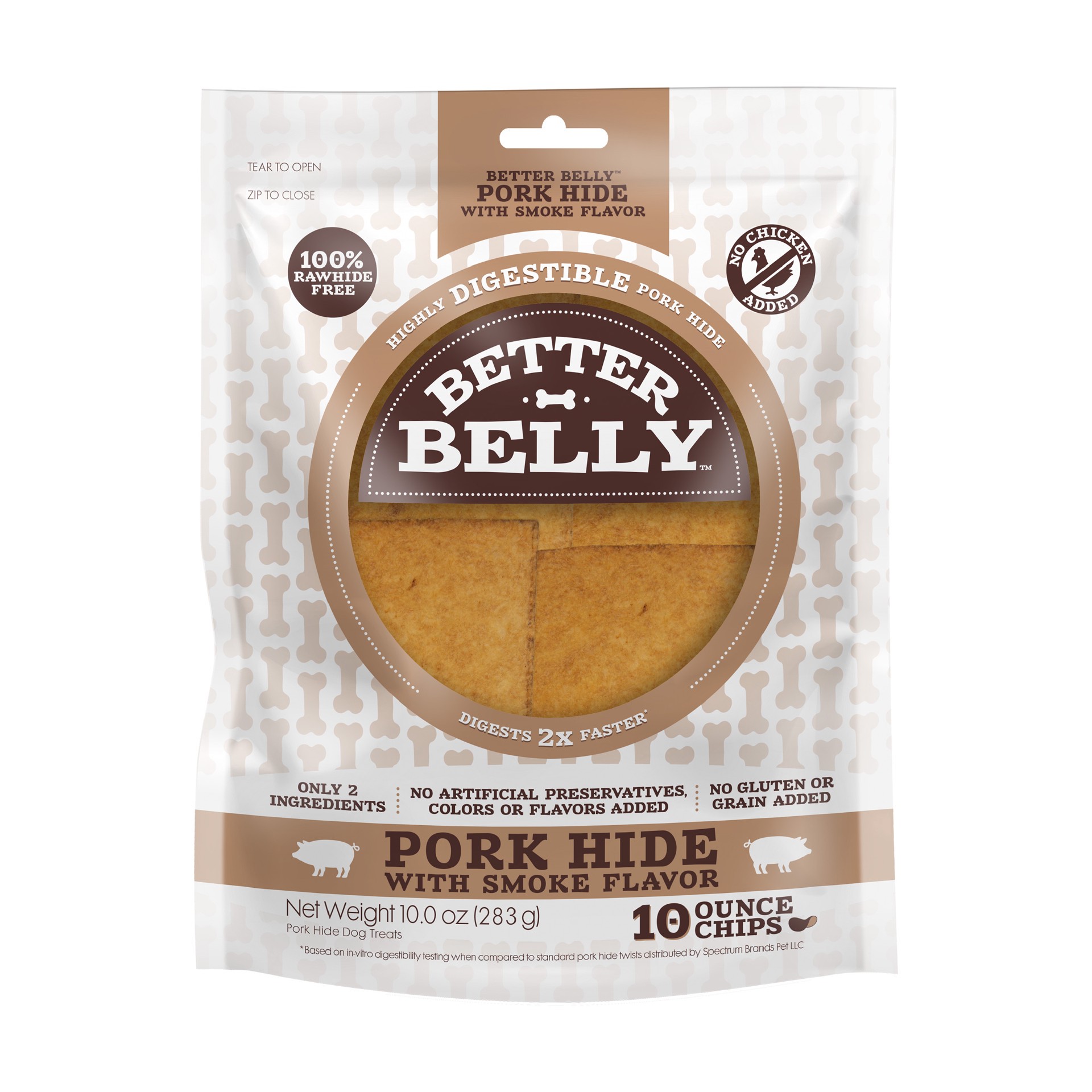 slide 1 of 10, Better Belly Pork Hide Chips With Smoke Flavor, 10 Ounce, Digestible Pork Hide For Dogs, 1 ct