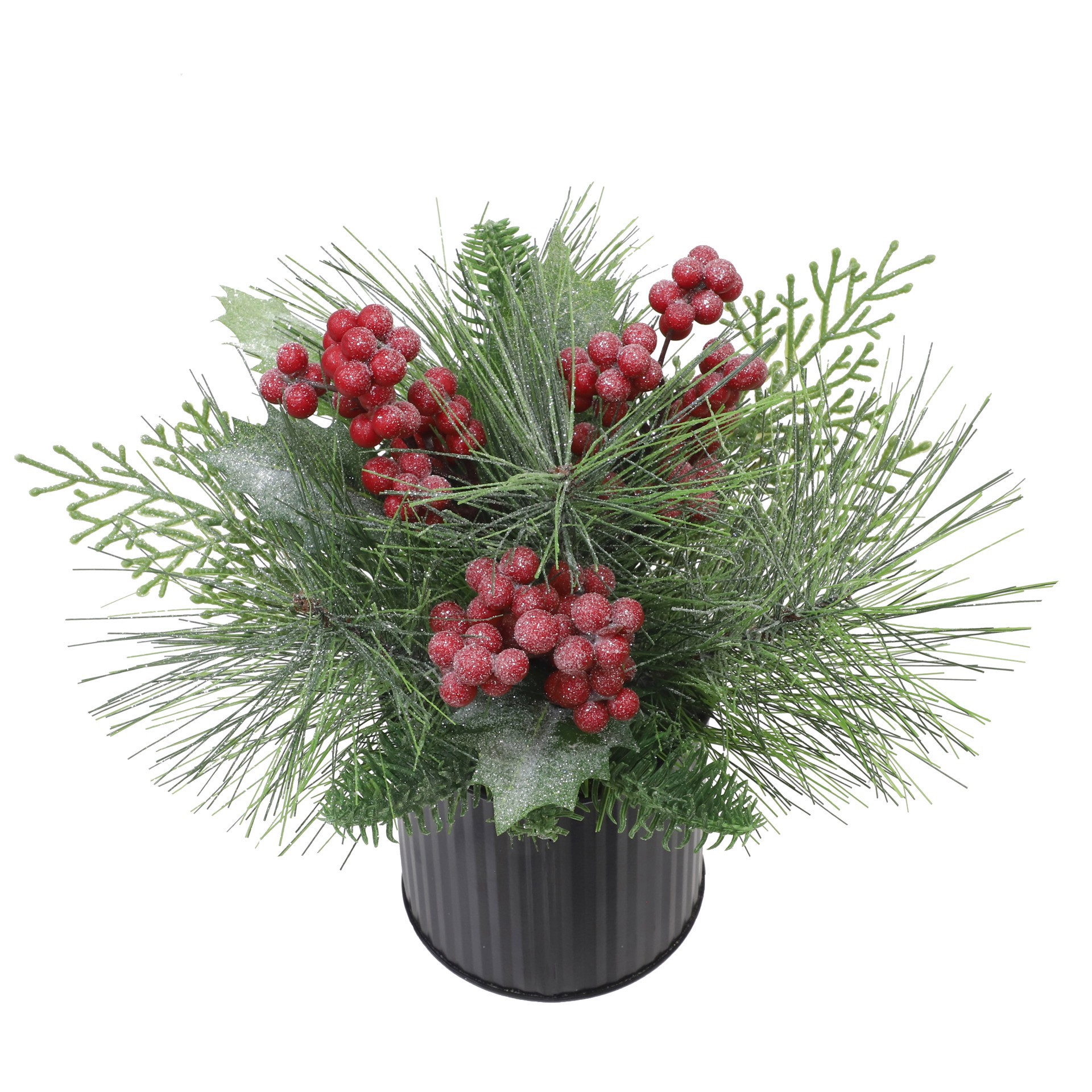 slide 2 of 3, 9.5" Glitter Pine, Cedar, Holly & Red Berry Arrangement In Black Metal Pot By Ashland, 9.5 in