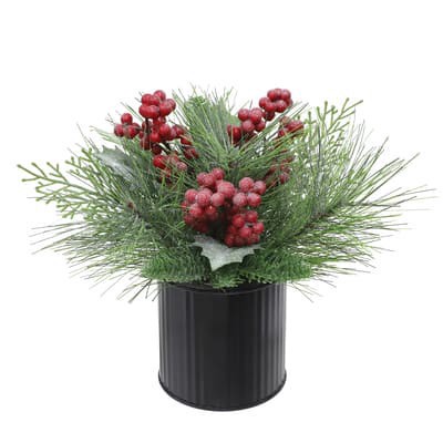 slide 1 of 3, 9.5" Glitter Pine, Cedar, Holly & Red Berry Arrangement In Black Metal Pot By Ashland, 9.5 in