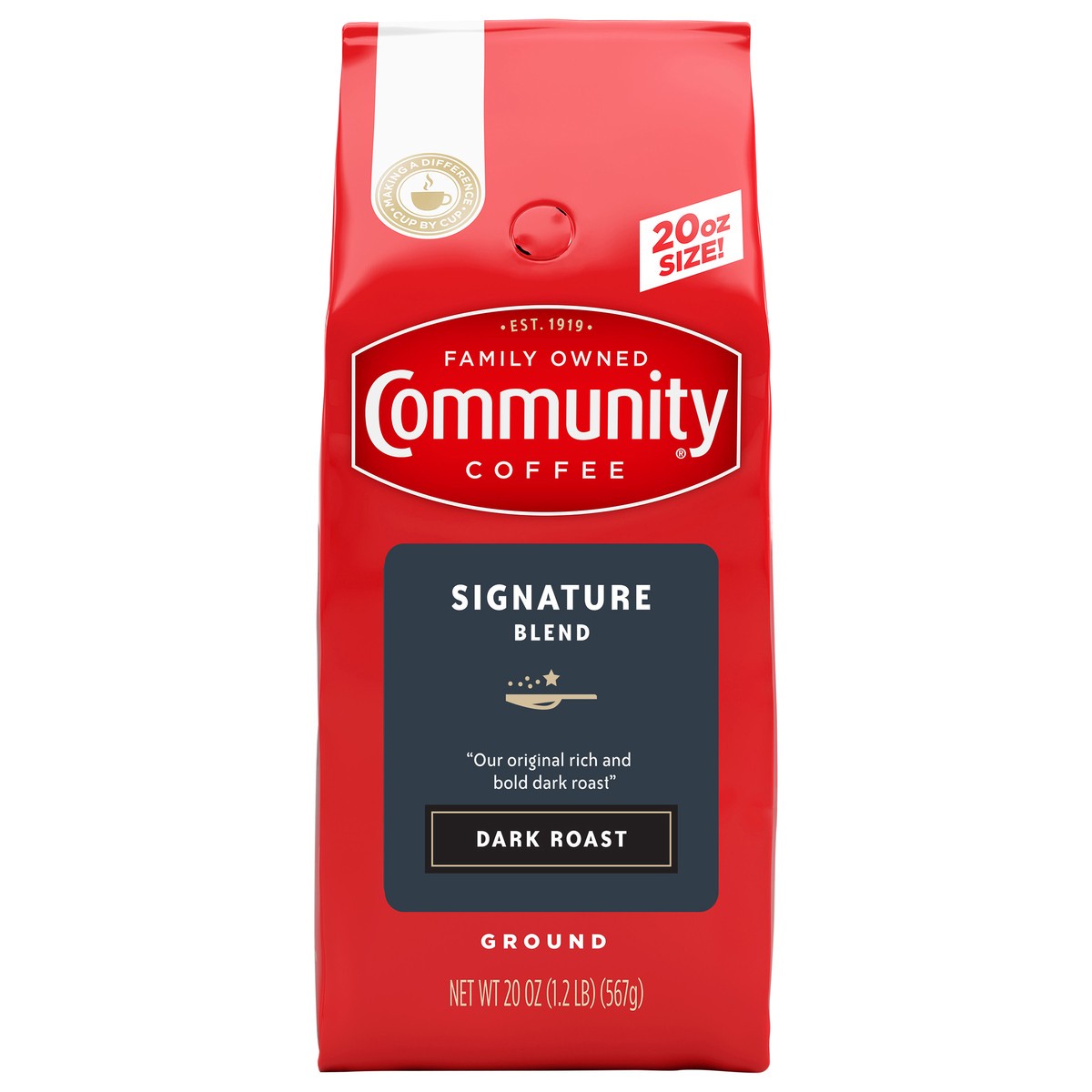 slide 1 of 9, Community Coffee Signature Blend Dark Roast Ground Coffee 20 oz. Bag, 20 oz