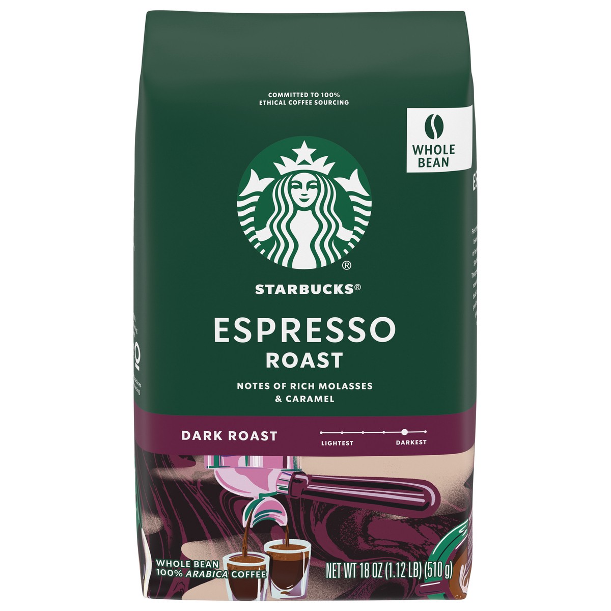 slide 5 of 13, Starbucks Whole Bean Coffee, Dark Roast Coffee, Espresso Roast, 100% Arabica, 1 bag (18 oz), 18 oz