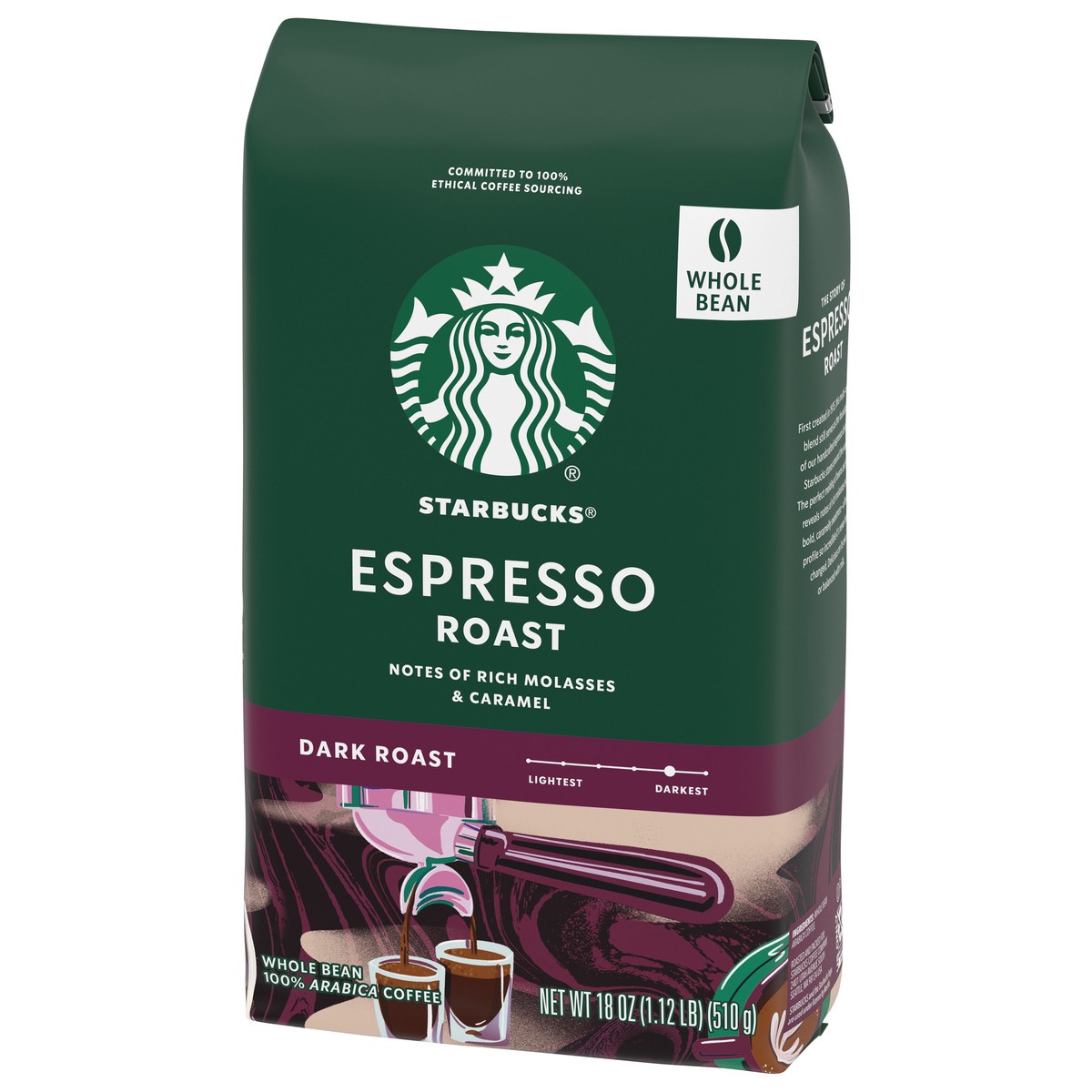 slide 6 of 13, Starbucks Whole Bean Coffee, Dark Roast Coffee, Espresso Roast, 100% Arabica, 1 bag (18 oz), 18 oz