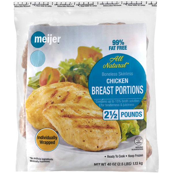 slide 1 of 1, Meijer Frozen All Natural Boneless, Skinless Chicken Breast Portions, 40 oz