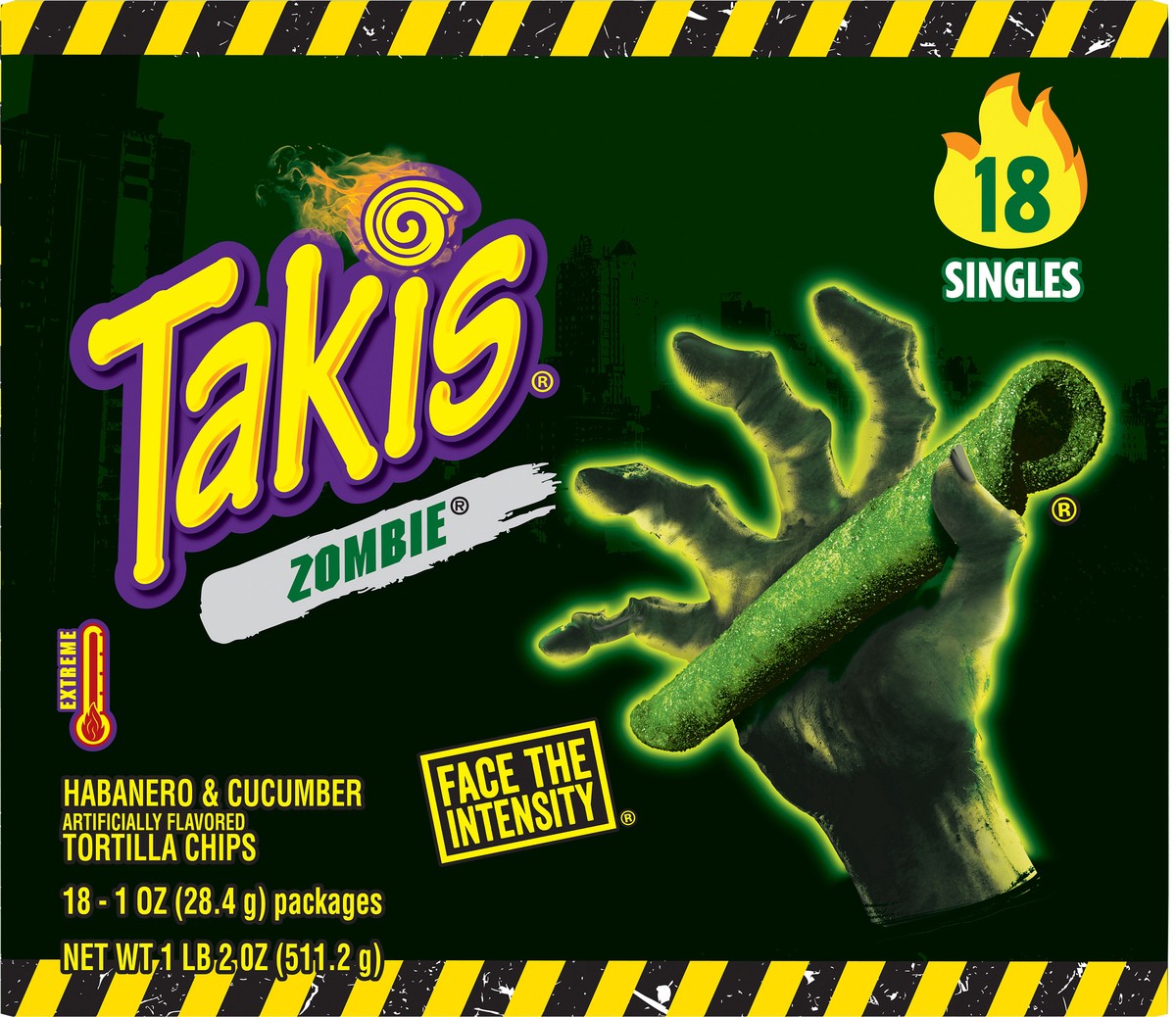 slide 11 of 12, Takis Zombie 18 pc / 1 oz Multipack, Habanero & Cucumber Flavored Extreme Spicy Rolled Tortilla Chips, 18 ct
