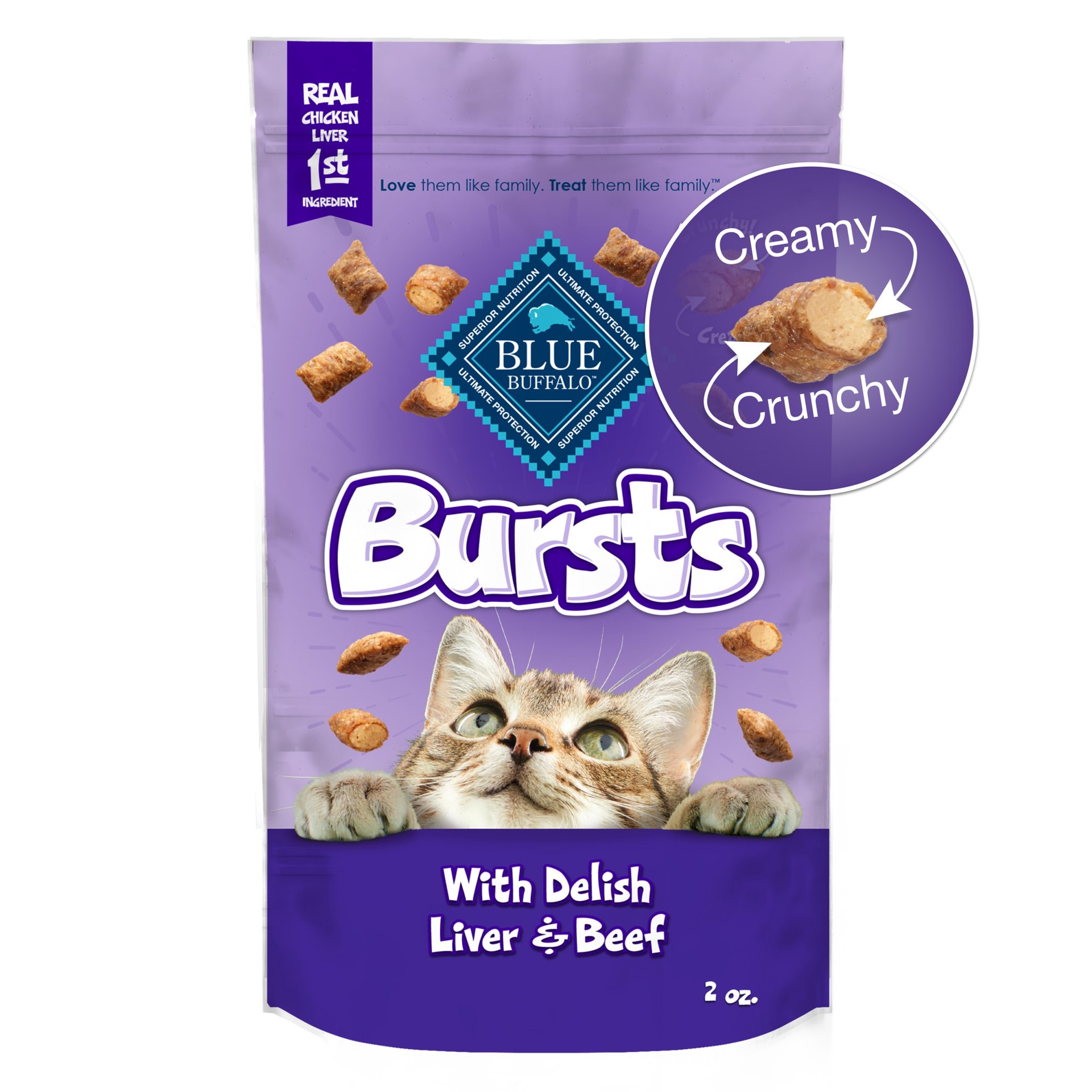 slide 1 of 3, Blue Buffalo Bursts Crunchy Cat Treats, Chicken Liver and Beef 2-oz Bag, 2 oz