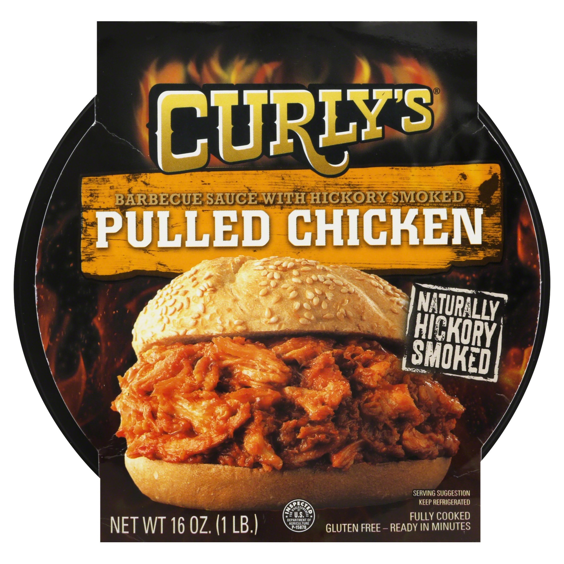 slide 1 of 3, Curly's Barbecue Sauce With Hickory Smoked Pulled Chicken, 16 oz