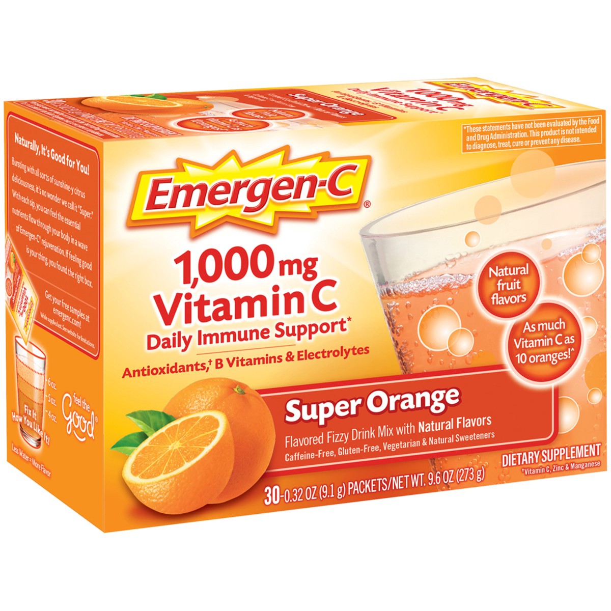 slide 2 of 12, Emergen-C Vitamin C 1000mg Powder (30 Count, Super Orange Flavor, 1 Month Supply), With Antioxidants, B Vitamins and Electrolytes, Dietary Supplement Fizzy Drink Mix, Caffeine Free, 30 ct; 9.3 oz