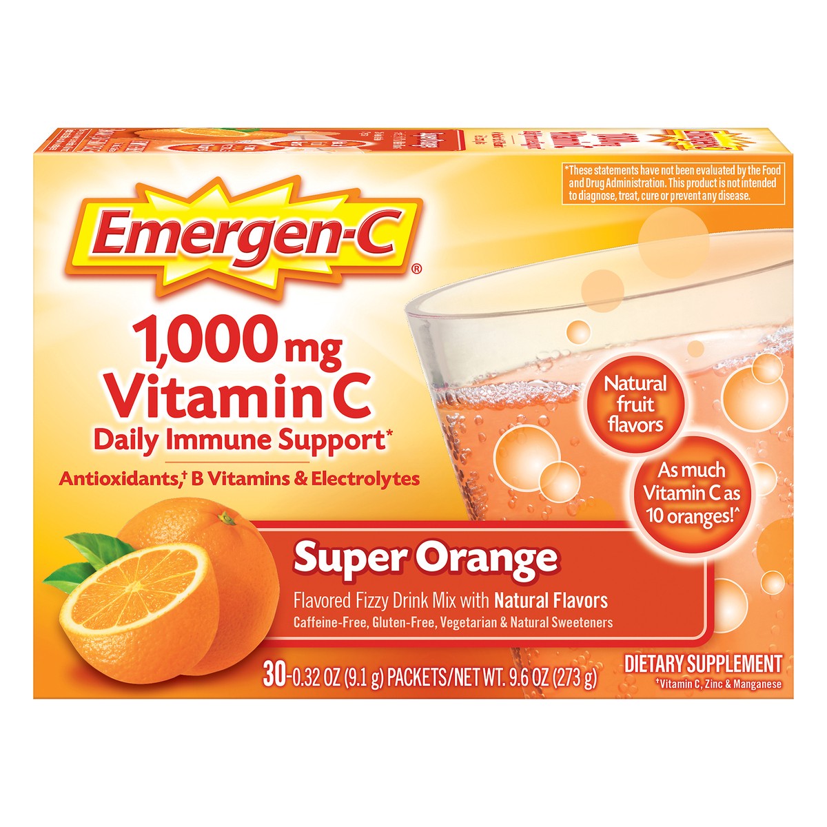 slide 12 of 12, Emergen-C Vitamin C 1000mg Powder (30 Count, Super Orange Flavor, 1 Month Supply), With Antioxidants, B Vitamins and Electrolytes, Dietary Supplement Fizzy Drink Mix, Caffeine Free, 30 ct; 9.3 oz