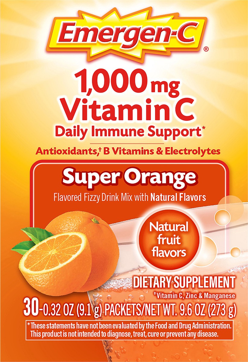 slide 6 of 12, Emergen-C Vitamin C 1000mg Powder (30 Count, Super Orange Flavor, 1 Month Supply), With Antioxidants, B Vitamins and Electrolytes, Dietary Supplement Fizzy Drink Mix, Caffeine Free, 30 ct; 9.3 oz