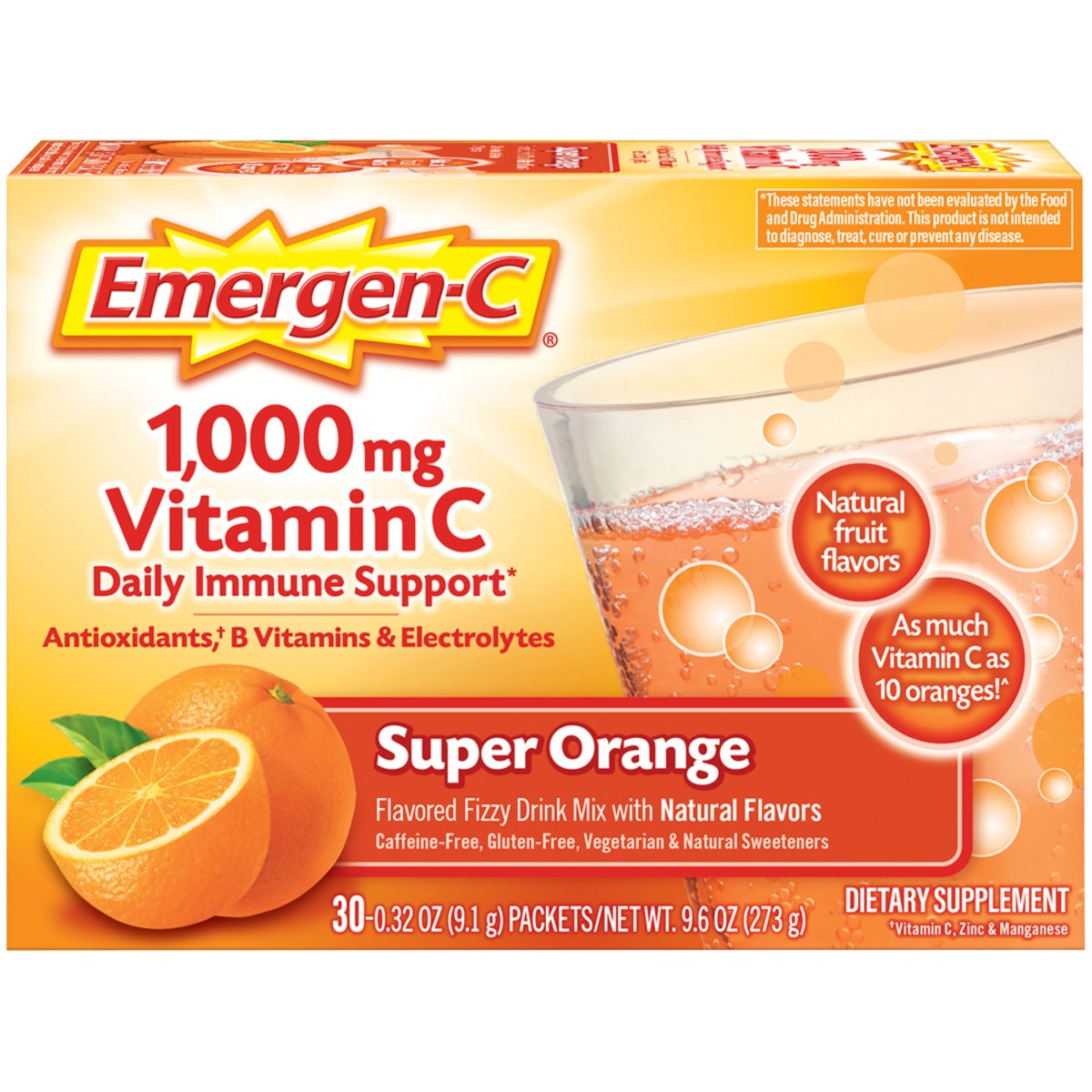 slide 8 of 12, Emergen-C Vitamin C 1000mg Powder (30 Count, Super Orange Flavor, 1 Month Supply), With Antioxidants, B Vitamins and Electrolytes, Dietary Supplement Fizzy Drink Mix, Caffeine Free, 30 ct; 9.3 oz