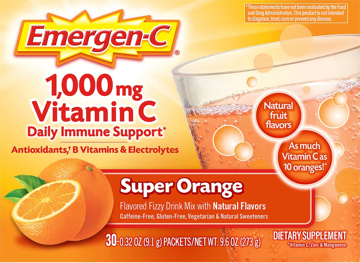 slide 9 of 12, Emergen-C Vitamin C 1000mg Powder (30 Count, Super Orange Flavor, 1 Month Supply), With Antioxidants, B Vitamins and Electrolytes, Dietary Supplement Fizzy Drink Mix, Caffeine Free, 30 ct; 9.3 oz