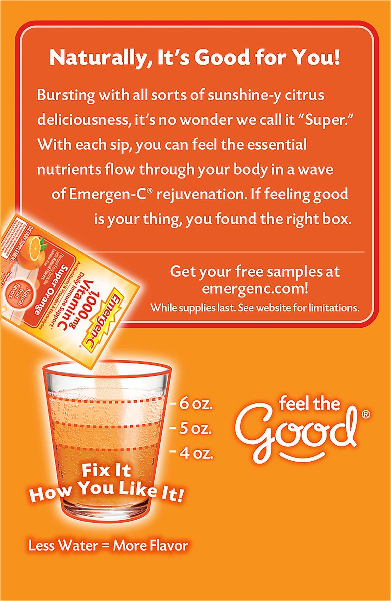 slide 10 of 12, Emergen-C Vitamin C 1000mg Powder (30 Count, Super Orange Flavor, 1 Month Supply), With Antioxidants, B Vitamins and Electrolytes, Dietary Supplement Fizzy Drink Mix, Caffeine Free, 30 ct; 9.3 oz