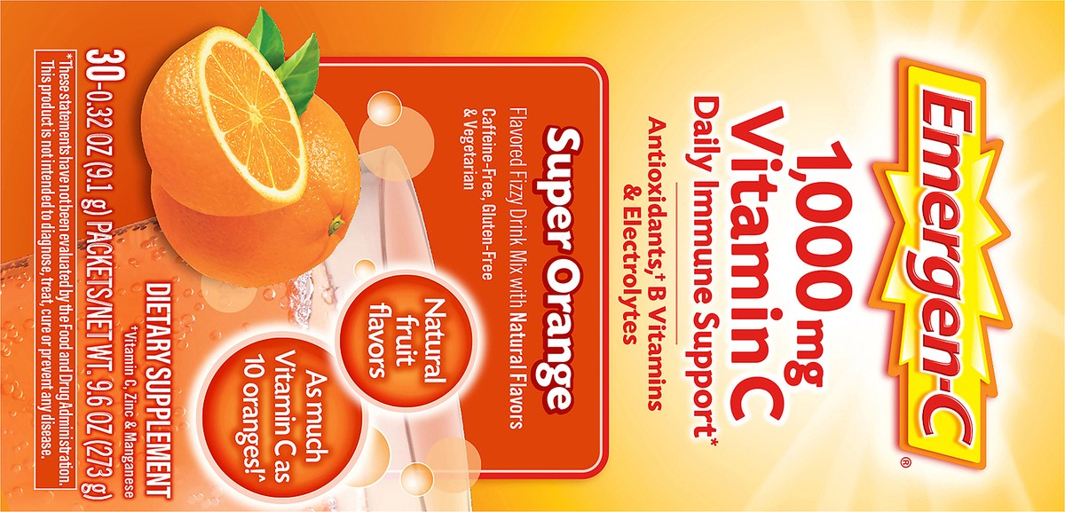 slide 11 of 12, Emergen-C Vitamin C 1000mg Powder (30 Count, Super Orange Flavor, 1 Month Supply), With Antioxidants, B Vitamins and Electrolytes, Dietary Supplement Fizzy Drink Mix, Caffeine Free, 30 ct; 9.3 oz