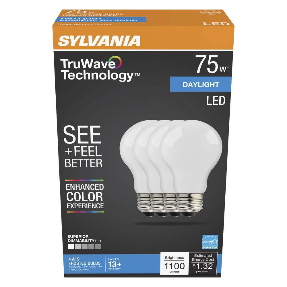 slide 1 of 1, Sylvania TruWave LED 75 Watt A19 Daylight Frost Bulbs, 4 ct