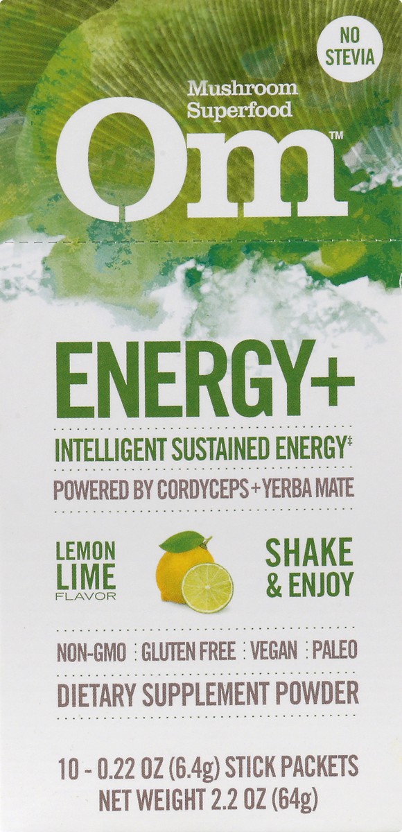 slide 1 of 13, Om Stick Packets Lemon Lime Flavor Energy+ 10 ea, 10 ct