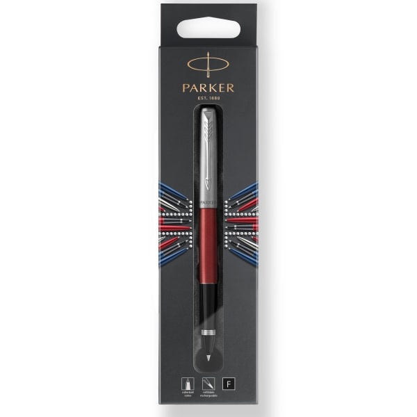 slide 1 of 1, Parker Jotter Rollerball Pen, Fine Point, Red/Stainless-Steel Barrel, Black Ink, 0.5 mm, 0.5 mm