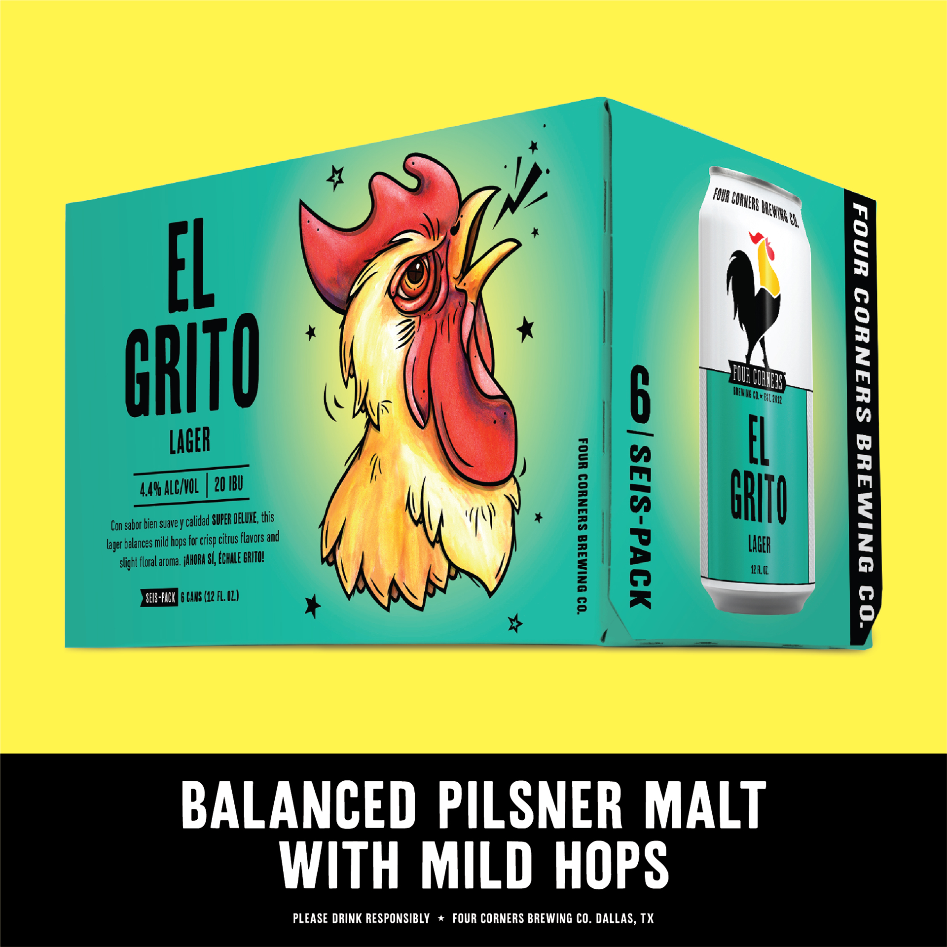 slide 4 of 5, Four Corners El Grito Lager Craft Beer, 6 pk 12 fl oz Cans, 4.0% ABV, 6 ct