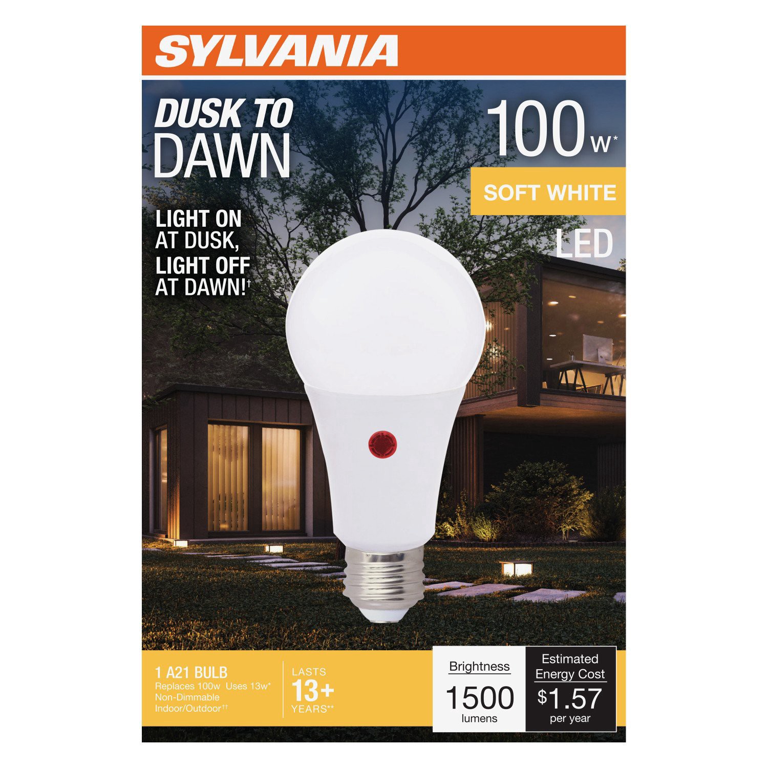 slide 1 of 1, Sylvania Dusk To Dawn 100-Watt A21 Soft White LED Light Bulb, 1 ct