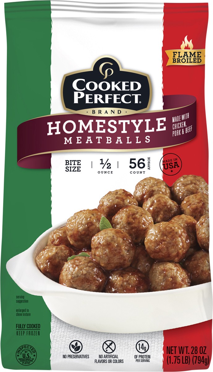 slide 7 of 9, Cooked Perfect Bite Size Flame Broiled Homestyle Meatballs 28 oz, 28 oz