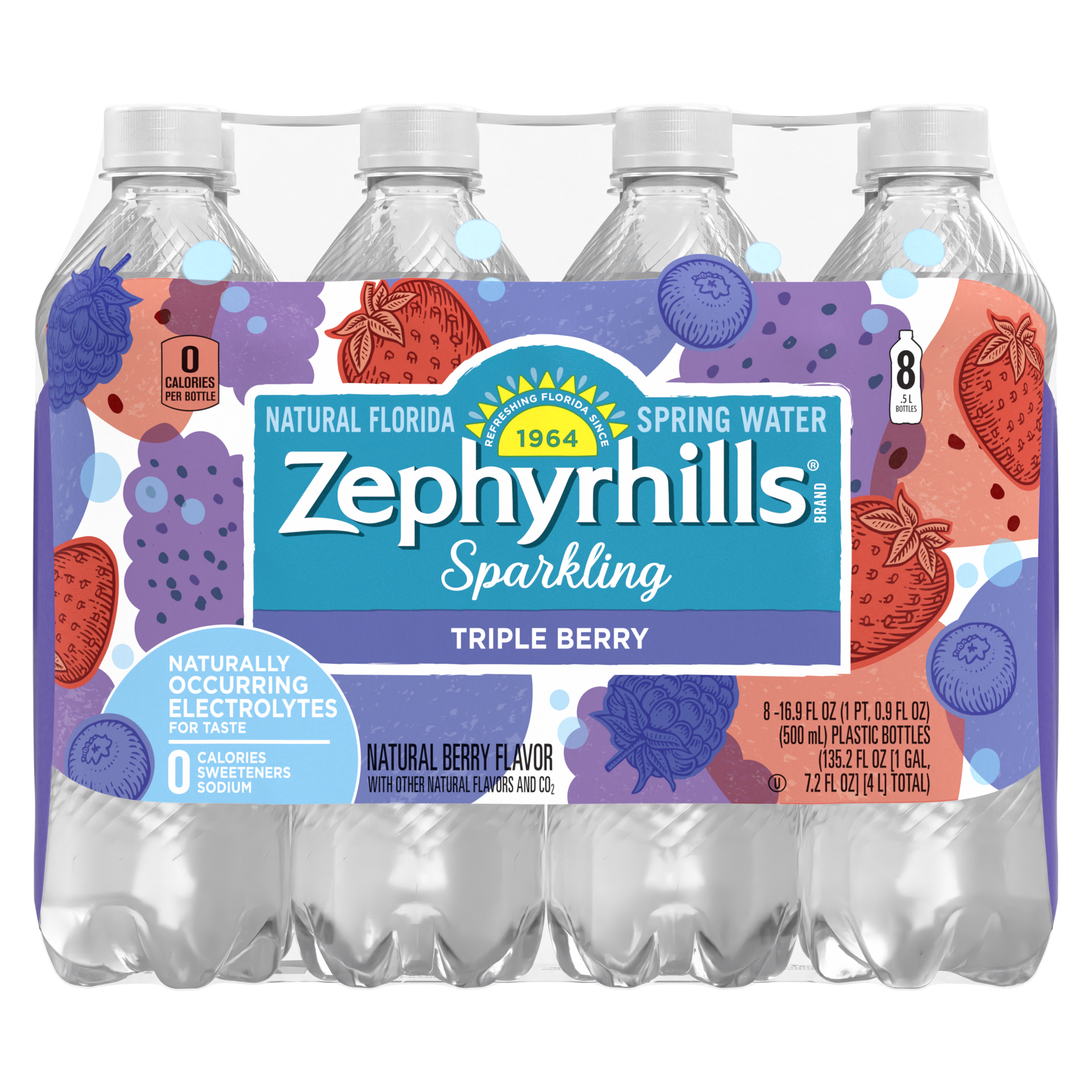 slide 5 of 5, Zephyrhills Sparkling Water, Triple Berry, 16.9 oz. Bottles (8 Count), 16.9 fl oz