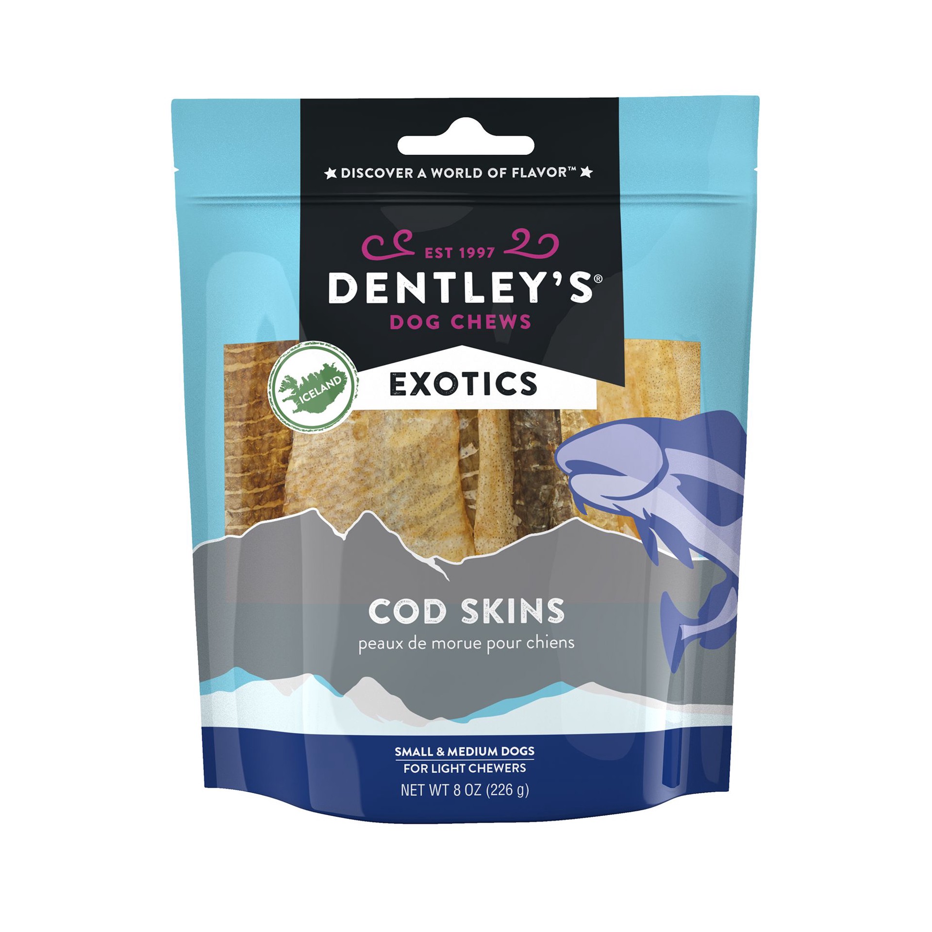 slide 1 of 1, Dentley's Exotics Iceland Cod Skins Dog Chew - 8 Oz., 8 oz