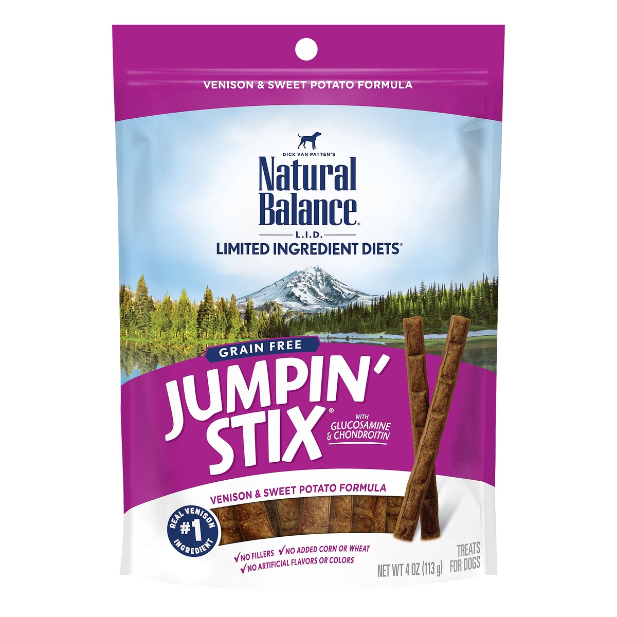 slide 1 of 7, Natural Balance Treats for Dogs, Grain Free, Venison & Sweet Potato Formula, Jumpin' Stix, 4 oz