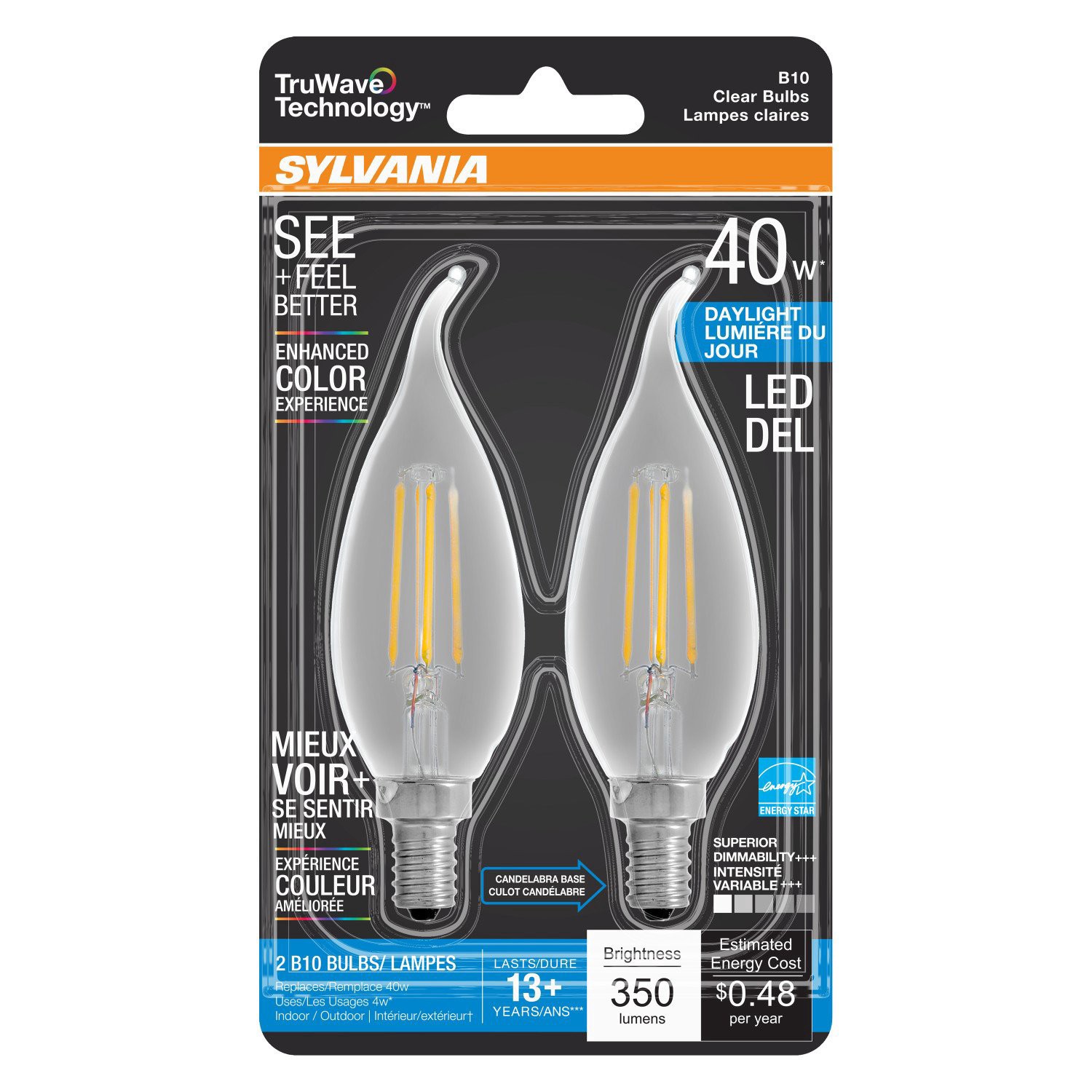 slide 1 of 1, Sylvania TruWave 40-Watt B10 Daylight LED Light Bulbs, 2 ct