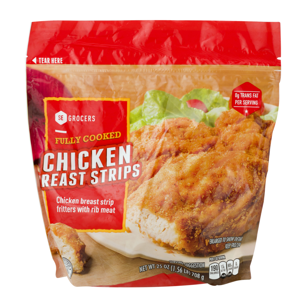slide 1 of 1, SE Grocers Fully Cooked Chicken Breast Strips, 25 oz