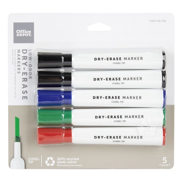 slide 1 of 5, Office Depot Brand 100% Recycled Low-Odor Dry-Erase Markers, Chisel Point, Assorted, Pack Of 5, 5 ct