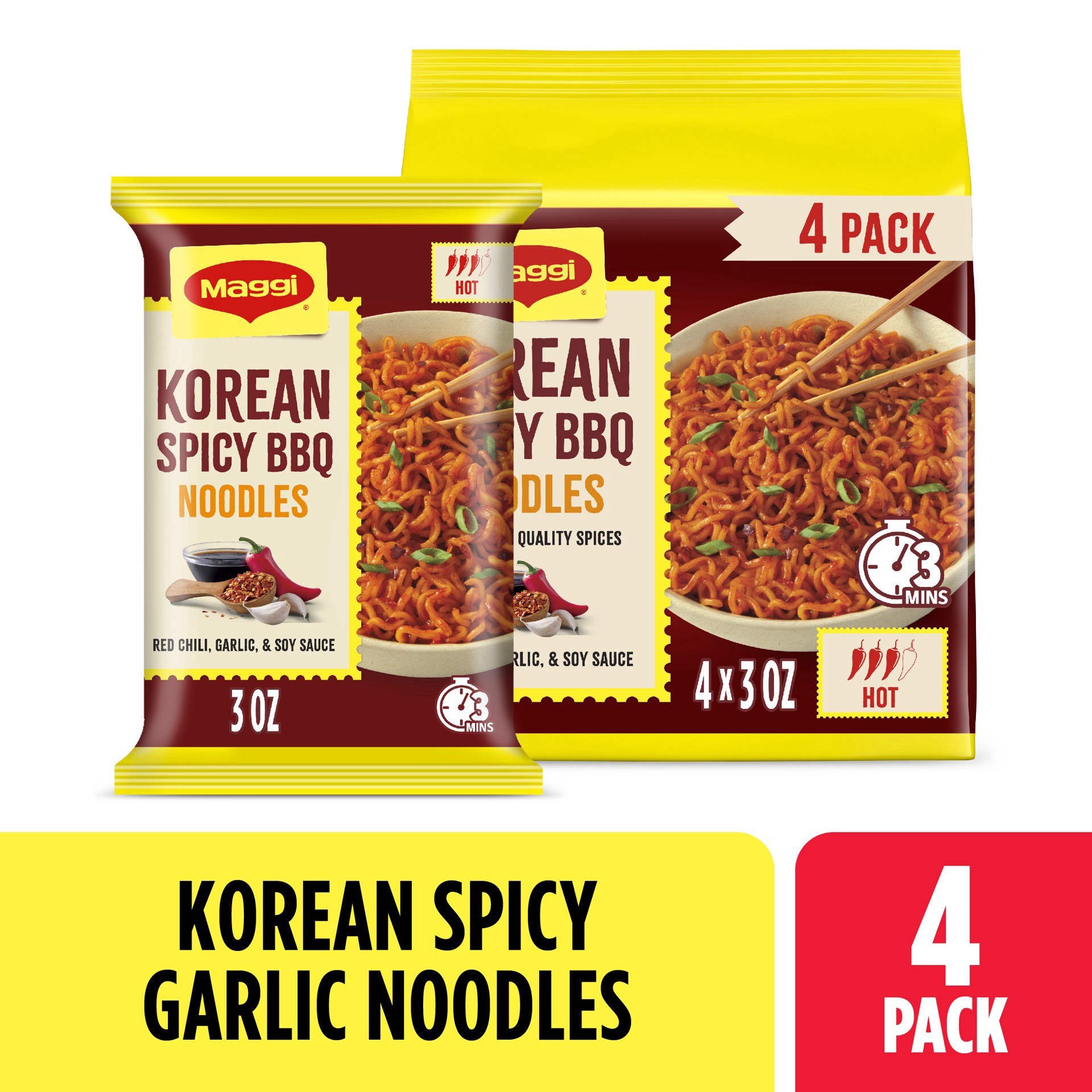 slide 1 of 5, Maggi Korean Spicy BBQ Noodles, Korean Instant Noodles, 3 min, Spicy Ramen, 4PK, 4 ct