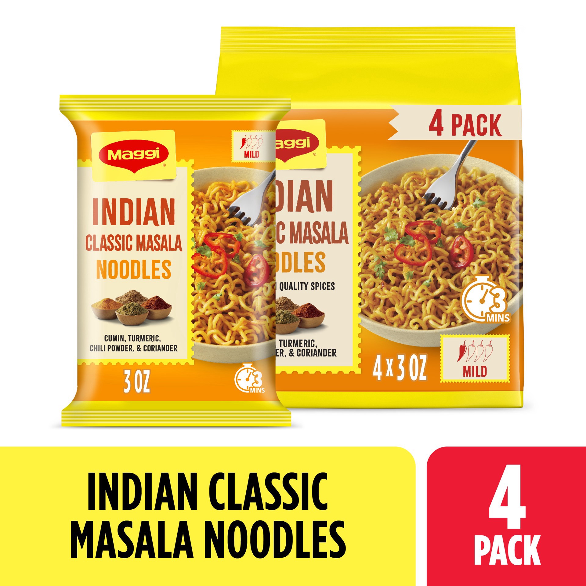 slide 1 of 5, Maggi Classic Indian Masala Noodles, Instant Noodles, 3 min Indian Noodles, Mildly Spicy, 4PK, 4 ct
