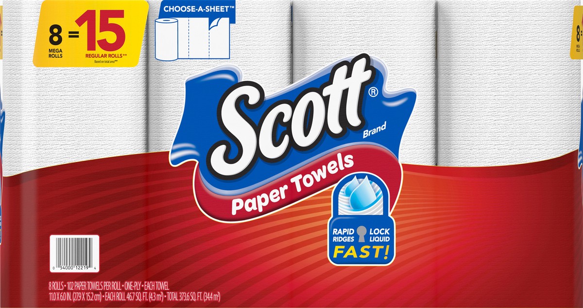 slide 2 of 9, Scott Paper Towels, Choose-A-Sheet - 8 Mega Rolls = 15 Regular Rolls (102 Sheets Per Roll), 8 ct