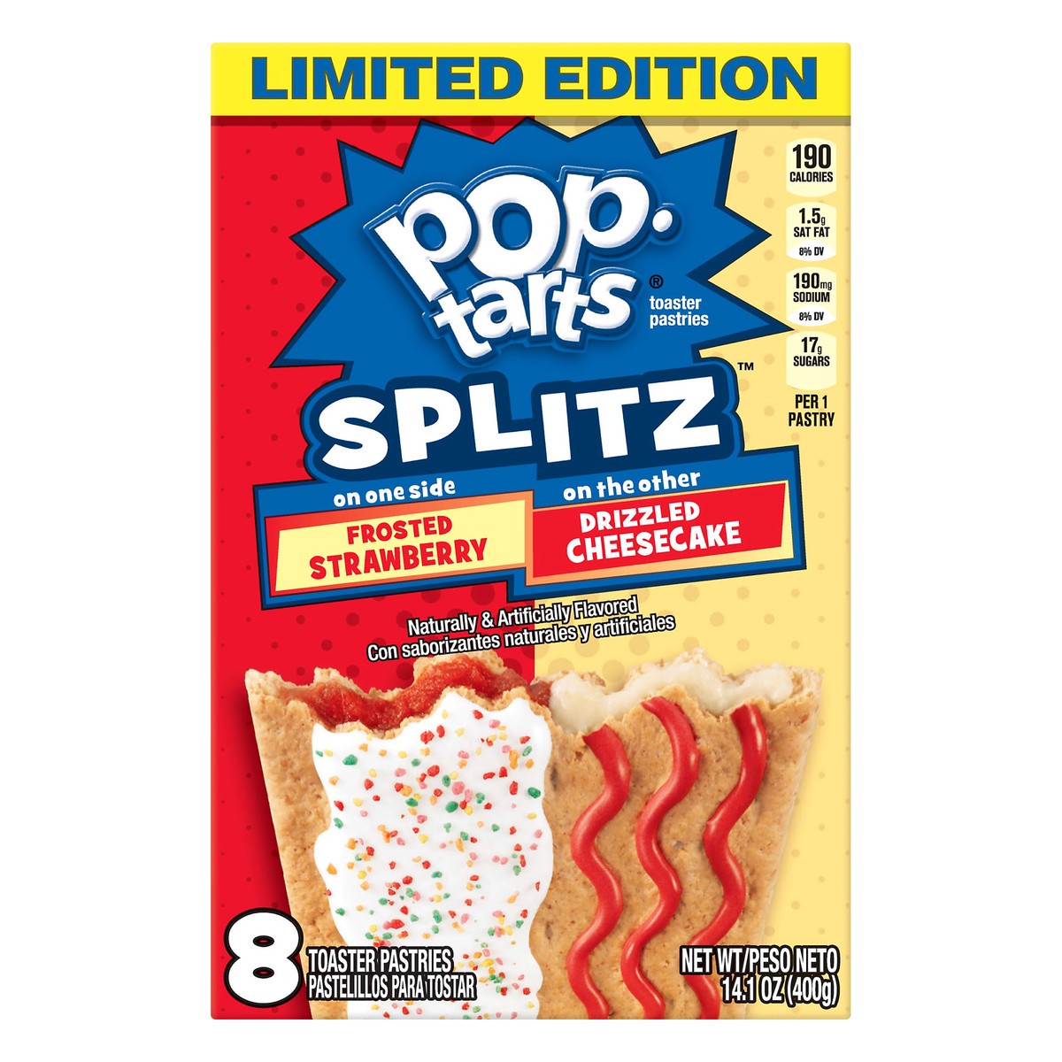 slide 1 of 8, Pop-Tarts Splitz Frosted Strawberry & Drizzled Cheesecake Breakfast Toaster Pastries, 14.1 oz