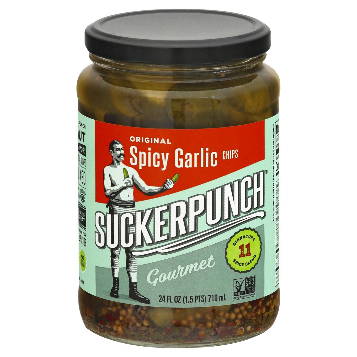 slide 1 of 9, SuckerPunch Gourmet Original Spicy Garlic Chips Pickles 24 fl oz, 24 oz