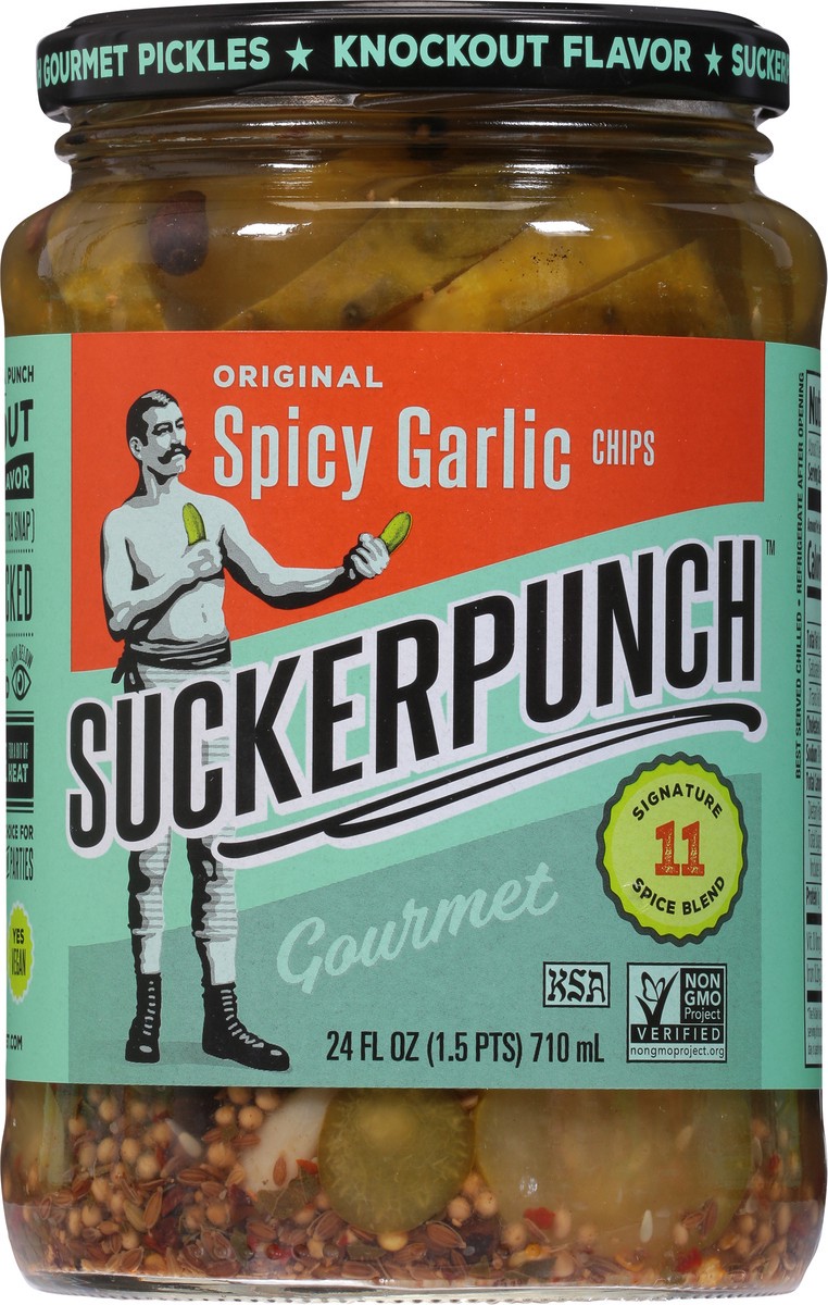 slide 2 of 9, SuckerPunch Gourmet Original Spicy Garlic Chips Pickles 24 fl oz, 24 oz