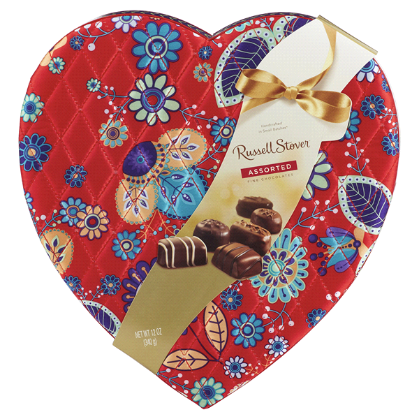 slide 1 of 1, Russell Stover Valentine Fabric Heart with Assorted Fine Chocolates, 12 oz