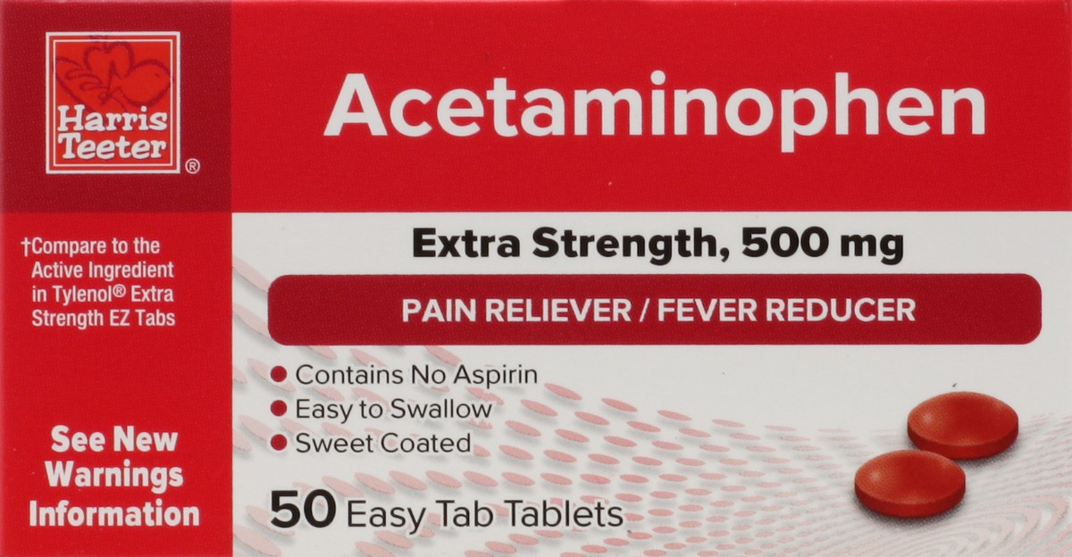 slide 1 of 6, Harris Teeter® Acetaminophen Extra Strength 500mg Pain Reliever Easy Tablets, 50 ct