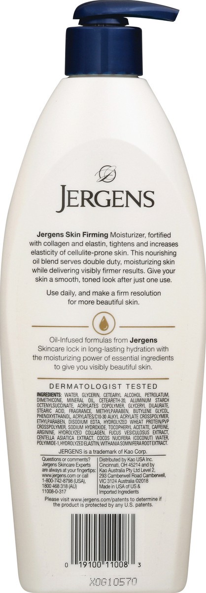 slide 9 of 9, Jergens Skin Firming Body Lotion for Dry to Extra Dry Skin, Skin Tightening Cream with Collagen and Elastin, Instantly Moisturizes Dry Skin, Dermatologist Tested, Hydralucence Blend Formula, 16.8 oz, 16.80 fl oz