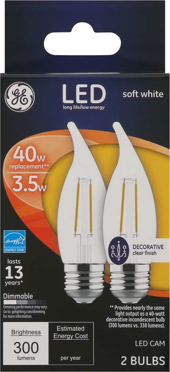 slide 9 of 10, GE Led 3.5-Watt (40-Watt) Soft White Clear Finish Decorative Bent Tip Light Bulb, 2 ct